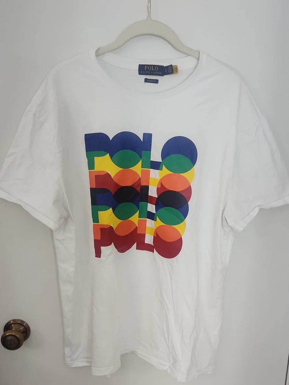 Polo by Ralph Lauren Men's White Tee with Multicolor Stacked POLO Graphic